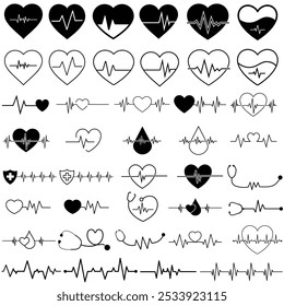 Ícone de pulso definido como vetor. Coleção de sinais de ilustração de pulsação. Símbolo de ritmo cardíaco. Logo da cardiologia.