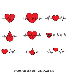 Ícone de pulso definido como vetor. Coleção de sinais de ilustração de pulsação. Símbolo de ritmo cardíaco. Logo da cardiologia.