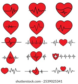 Ícone de pulso definido como vetor. Coleção de sinais de ilustração de pulsação. Símbolo de ritmo cardíaco. Logo da cardiologia.