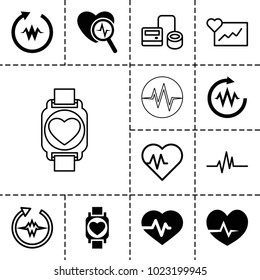 Pulse icons. set of 13 editable filled and outline pulse icons such as heartbeat, cardiogram, blod pressure tool, heartbeat search