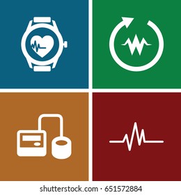 Pulse icons set. set of 4 pulse filled icons such as blod pressure tool, heartbeat