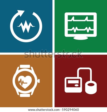 pulse icons set. Set of 4 pulse filled icons such as heartbeat, blod pressure tool