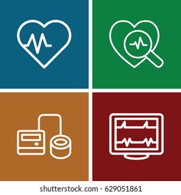 Pulse icons set. set of 4 pulse outline icons such as heartbeat, blod pressure tool