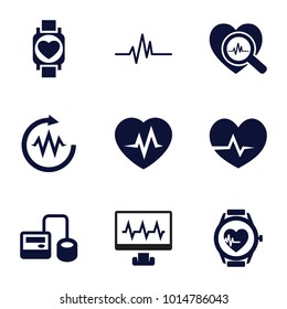 Pulse icons. set of 9 editable filled pulse icons such as blod pressure tool, heartbeat, heartbeat search