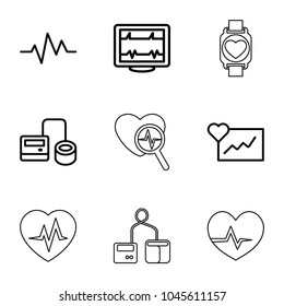 Pulse icons. set of 9 editable outline pulse icons such as cardiogram, heartbeat, blod pressure tool, heartbeat search