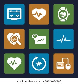 pulse icons set. Set of 9 pulse filled icons such as heartbeat, blod pressure tool, heartbeat search, heartbeat watch