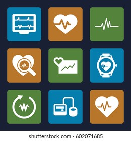 pulse icons set. Set of 9 pulse filled icons such as heartbeat, blod pressure tool, heartbeat search, heartbeat watch