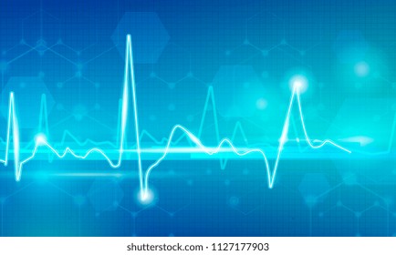 Pulse line with lighting dots on abstract blue background 