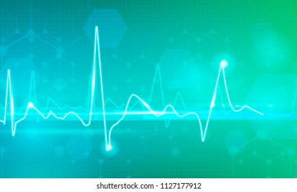 Pulse line with lighting dots on green vector background 
