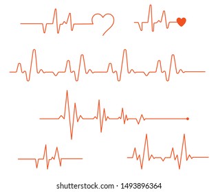 Pulse line vector. Medicine Modern flat Cardiogram Hearts Icons Vector. Smooth thick and thin lines, template set. Heart pulse. Red and white colors. Heartbeat lone, cardiogram.