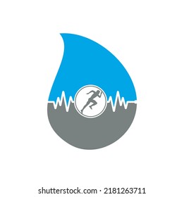 Pulse marathon drop shape concept logo design icon vector. Body Health Care Logo Design. Running man with line ecg heartbeat icon.