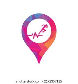 Pulse marathon gps shape concept logo design icon vector. Body Health Care Logo Design. Running man with line ecg heartbeat icon.