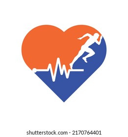 Pulse marathon heart shape concept logo design icon vector. Body Health Care Logo Design. Running man with line ecg heartbeat icon.