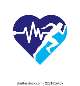 Pulse marathon heart shape concept logo design icon vector. Running man with line ecg heartbeat icon.