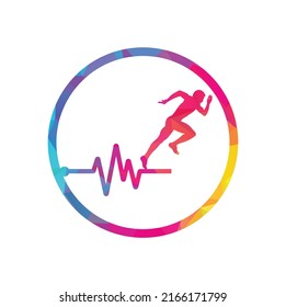 Pulse marathon logo design icon vector. Body Health Care Logo Design. Running man with line ecg heartbeat icon.