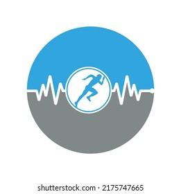 Vector de icono de diseño del logotipo maratónico de pulso. Diseño del logotipo de la atención de salud corporal. Corriendo a un hombre con la línea del icono del latido del corazón de ecg.