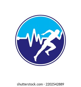 Pulse marathon logo design icon vector. Body Health Care Logo Design. Running man with line ecg heartbeat icon.