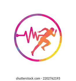 Pulse marathon logo design icon vector. Body Health Care Logo Design. Running man with line ecg heartbeat icon.