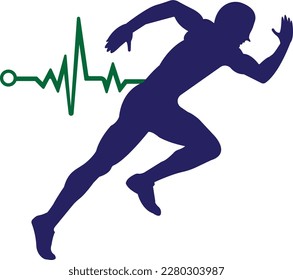 Pulse marathon logo design icon vector. Body Health Care Logo Design. Running man with line ecg heartbeat icon.