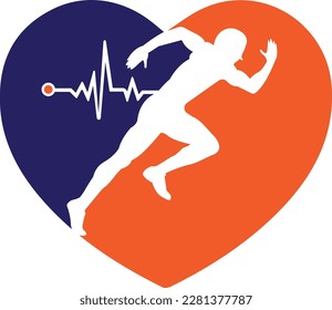Pulse marathon logo design icon vector. Body Health Care Logo Design. Running man with line ecg heartbeat icon.