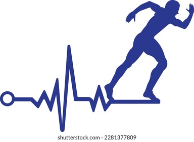 Vector de icono de diseño del logotipo maratónico de pulso. Diseño del logotipo de la atención de salud corporal. Corriendo a un hombre con la línea del icono del latido del corazón de ecg.