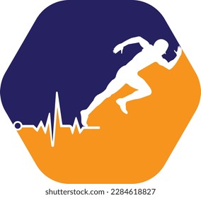 Pulse marathon logo design icon vector. Body Health Care Logo Design. Running man with line ecg heartbeat icon.