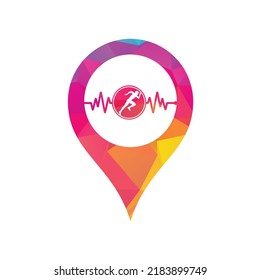 Pulse marathon map pin shape concept logo design icon vector. Running man with line ecg heartbeat icon.