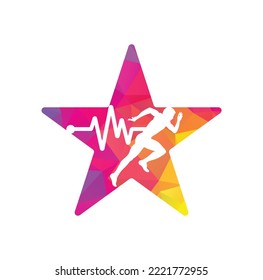 Pulse marathon star shape concept logo design icon vector. Running man with line ecg heartbeat icon.