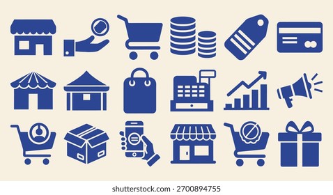 Iconos de mercado de pulso. Conjunto de iconos sólido y lleno de estante de la tienda del mercado de pulso, Carrito de compras, etiqueta de Precio, cesta, puesto de vendedor, balanza