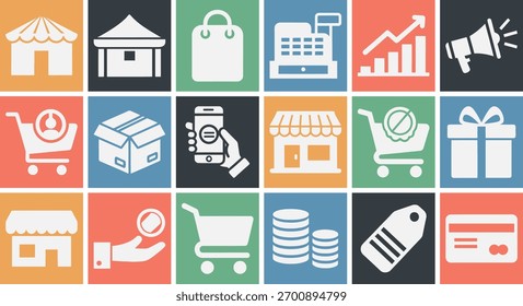 Iconos de mercado de pulso. Conjunto de iconos sólido y lleno de estante de la tienda del mercado de pulso, Carrito de compras, etiqueta de Precio, cesta, puesto de vendedor, balanza con iconos de color conjunto conjunto