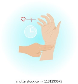 Pulse Measurement By Hand. Check The Heartbeat. Vector Illustration. Medical First Aid Concept.