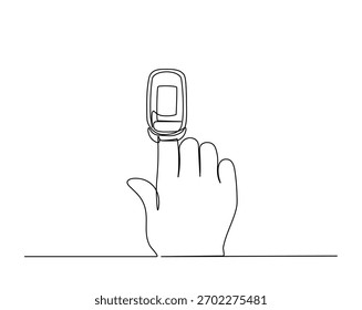 Ilustração do contorno do dispositivo de oxímetro de pulso. Desenho de linha contínua do oxímetro no dedo.