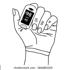 Pulse Oximeter, finger digital device to measure person's oxygen saturation. Reduced oxygenation is an emergency sign of pneumonia, for instance caused by coronavirus. . Vector illustration eps10.