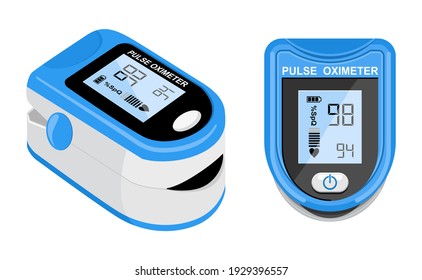 Pulse Oximeter Icon On The Median Finger For Measuring Oxygen In The Blood. Health Care For Blood Saturation Test. Vector Illustration