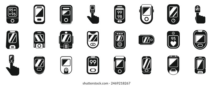 Pulse oximeter icons set vector. A collection of icons for various electronic devices, including a cell phone, a tablet, and a smart watch