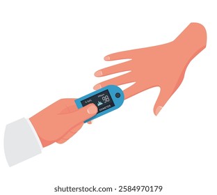 Pulse Oximeter on finger. Digital device to measure oxygen saturation. Reduced oxygenation is emergency sign of pneumonia. Vector flat illustration stock illustration
