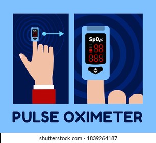 Pulse oximeter on the index finger. Blood oxygenation measurement. Vector illustration in flat style on dark blue background