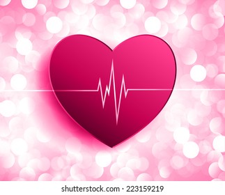 pulse pink heart glossy web icon on white Defocused Light background, Flickering Lights, Vector abstract festive background with bokeh defocused lights.