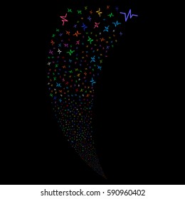 Pulse random fireworks stream. Vector illustration style is flat bright multicolored iconic symbols on a black background. Object fountain created from scattered pictograms.