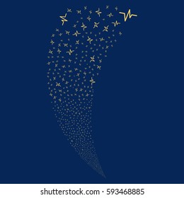 Pulse random fireworks stream. Vector illustration style is flat yellow iconic symbols on a blue background. Object fountain created from scattered symbols.
