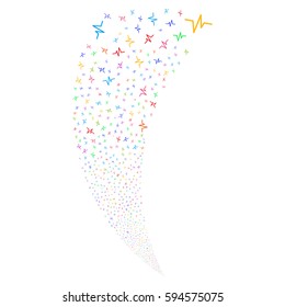 Pulse random fireworks stream. Vector illustration style is flat bright multicolored iconic symbols on a white background. Object fountain created from scattered design elements.