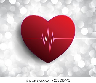 pulse red heart glossy web icon on white Defocused Light background, Flickering Lights, Vector abstract festive background with bokeh defocused lights.