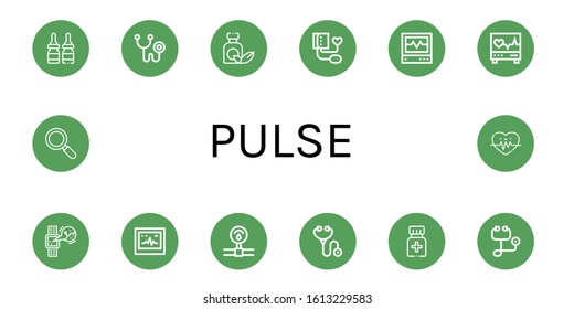 pulse simple icons set. Contains such icons as Medicine, Phonendoscope, Blood pressure, Icu, Electrocardiogram, Smartwatch, Ecg, Pressure, can be used for web, mobile and logo