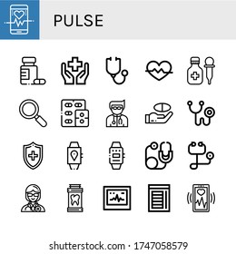 pulse simple icons set. Contains such icons as Heart rate, Medicine, Health, Stethoscope, Active, Doctor, Phonendoscope, Medical, Smartwatch, can be used for web, mobile and logo
