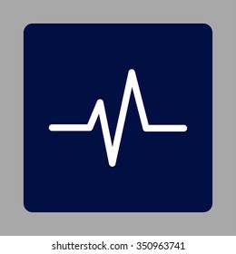 Pulse vector icon. Style is flat rounded square button, white and dark blue colors, silver background.
