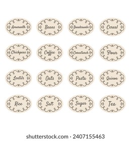 Pulses and legumes or cereals food vector label set. Cereal, beans, flour and coffee jar labels.