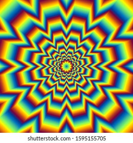 Pulsing fiery flower in techno styler. Optical illusion of movement.
