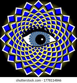 Pulsando ilusión óptica tridimensional con un gran ojo azul sobre fondo negro. La plantilla abstracta dinámica se puede utilizar para crear un fondo sin problemas. Graciosa ilustración vectorial.