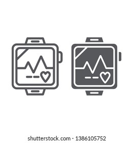 Pulsometer line and glyph icon, heart and cardio, heartbeat sign, vector graphics, a linear pattern on a white background, eps 10.