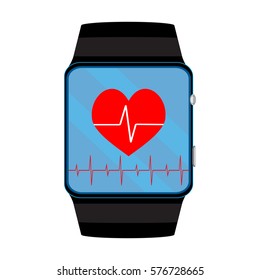 Pulsometer smart watch. Pulse and heartbeat on smartwatch, vector illustration